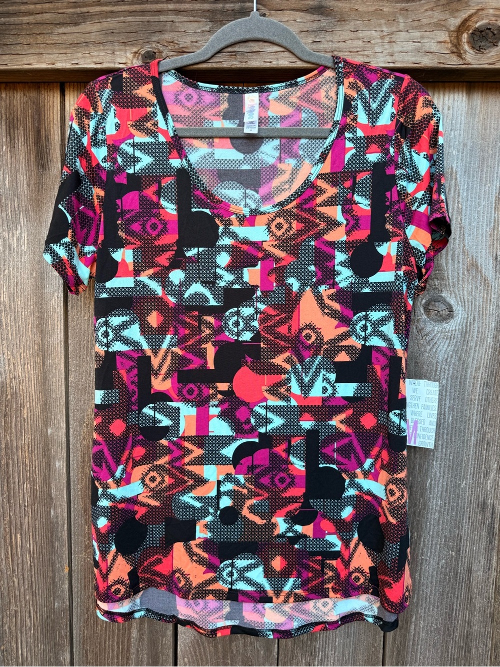 Short Sleeve Geometric Tee — Black, Coral & Teal